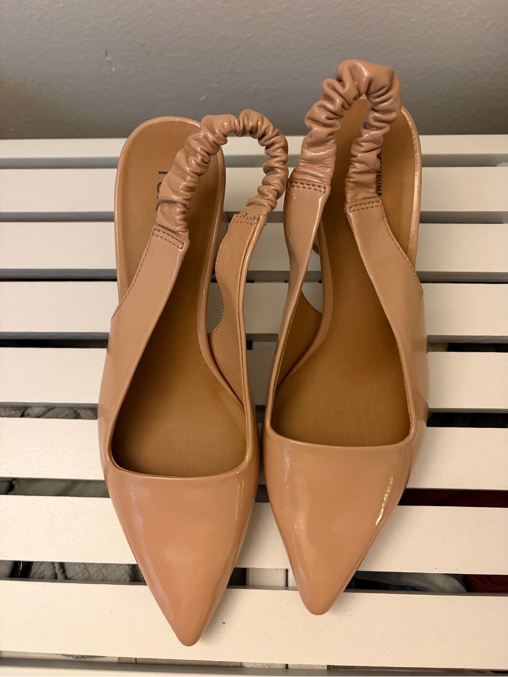 Patent Pointed-Toe Slingback Heels in Nude